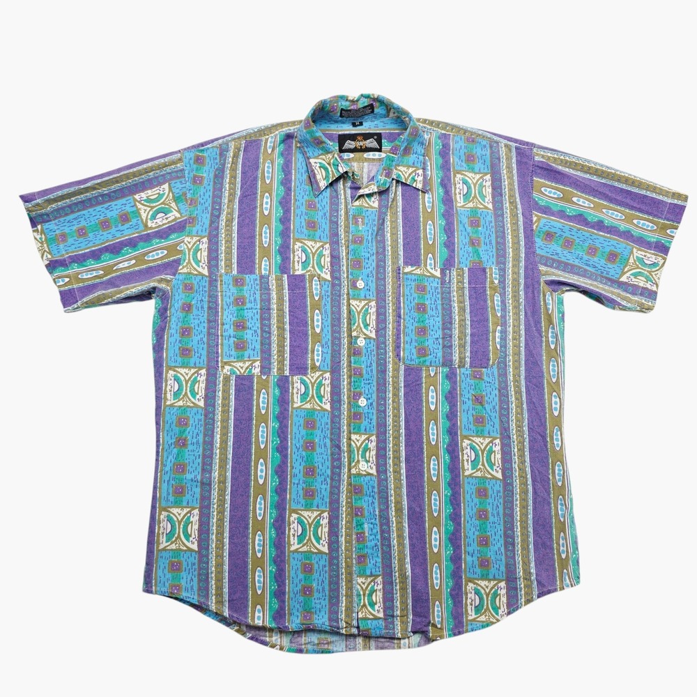 RAF Vintage 90s Geometric Tribal Print Short Sleeve Button Down Shirt Mens M